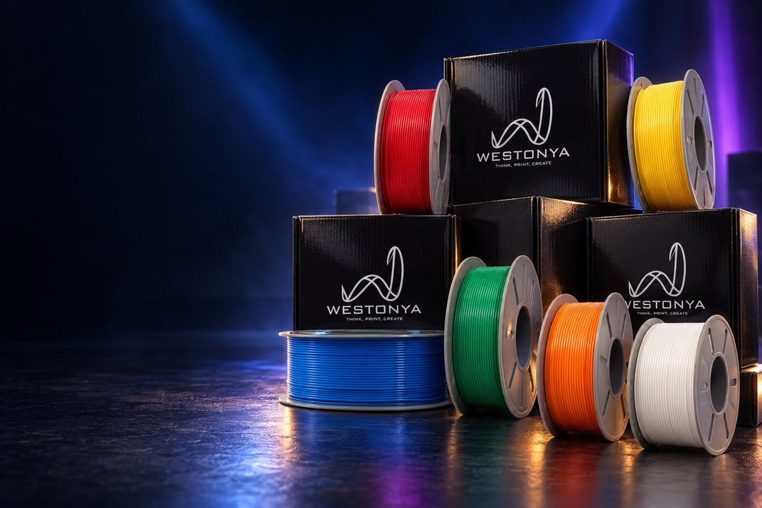 Westonya Hyper Speed PLA filament makaraları – kırmızı, sarı, mavi, yeşil, turuncu ve beyaz renkler